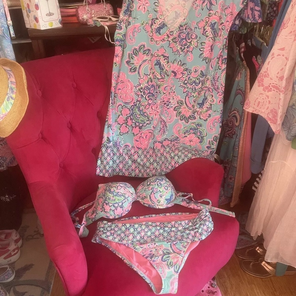 Lilly Pulitzer Tallie Cover-Up + Blue Horizon Two-Piece Swimsuit 14/Large EUC